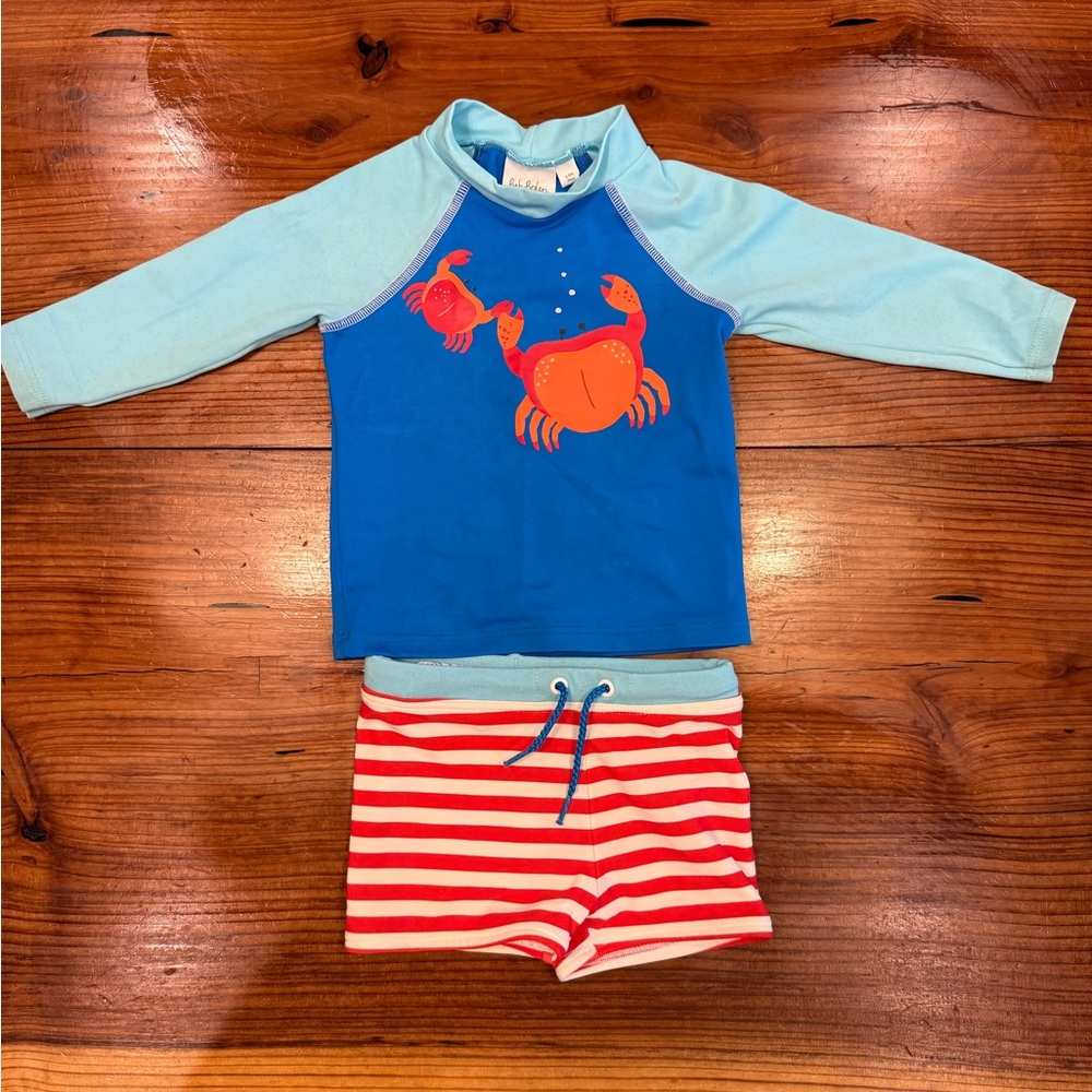 Baby Boden Blue and Red Rashguard Swim Set with Crab Design